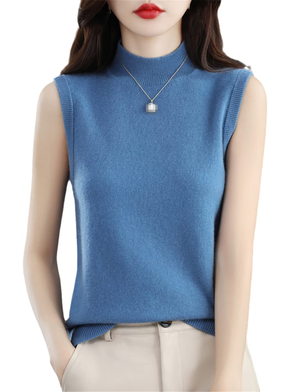 SaoBiiu Confortevole Sexy Mezzo Alto Collo Gilet Delle Donne Tinta Unita Pullover Senza Maniche Manica Corta T-Shirt, Blu, S