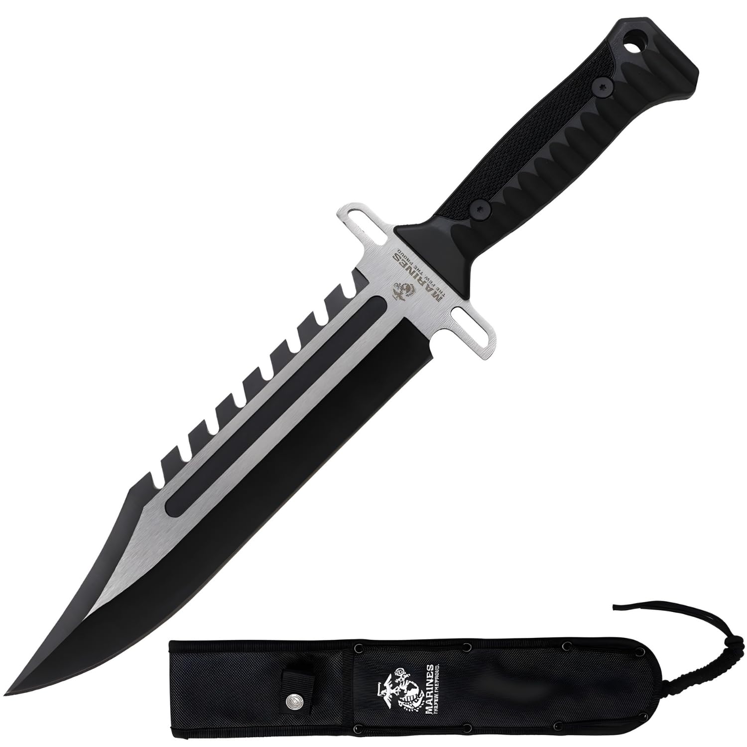 USMC Officially Licensed Marine Force Recon Fixed Blade Knife – 15.9" Full Tang Tactical Bowie – 10.4" Black & Satin Dual-Tone 3Cr13MoV Steel Blade – High-Impact Nylon Handle with 1680D Sheath