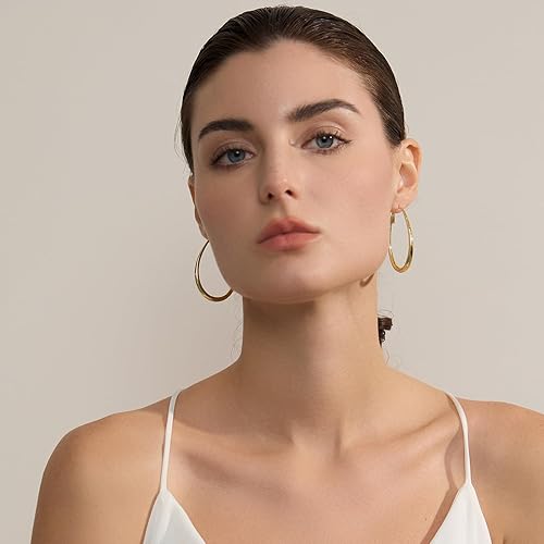 Miniatura 6 de Pendientes de aro ovalado ligeros para mujer - chapados en oro de 14 quilates, chapados en oro rosa y plata de ley, aretes de aro oblongo grandes