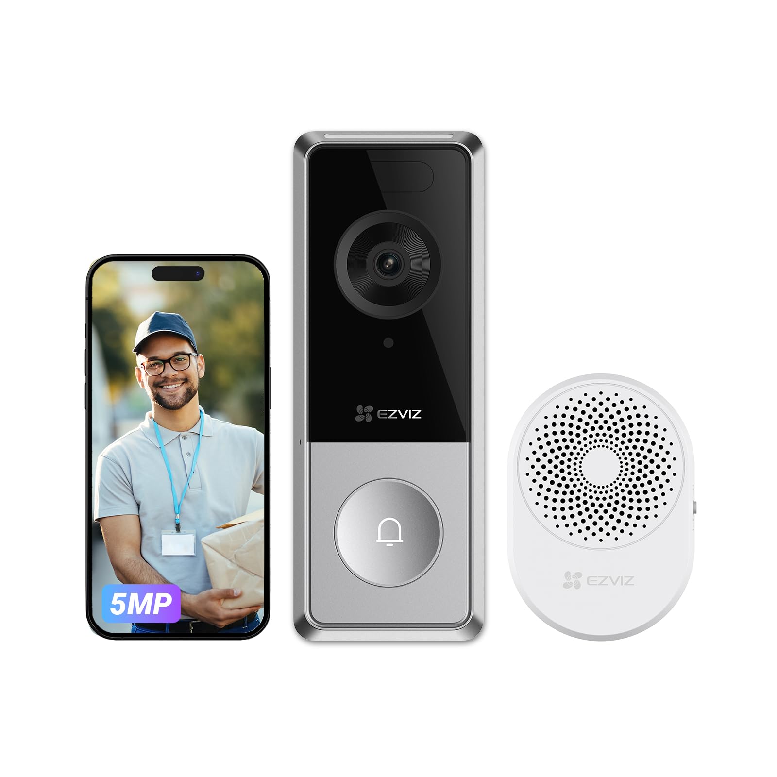 EZVIZ Sonnette sans Fil Exterieur Etanche Caméra 3K 5MP, Batterie 9,600 mAh, Vision Nocturne Couleur, Détection Humaine, Audio Bidirectionnel, WiFi 6 CP8
