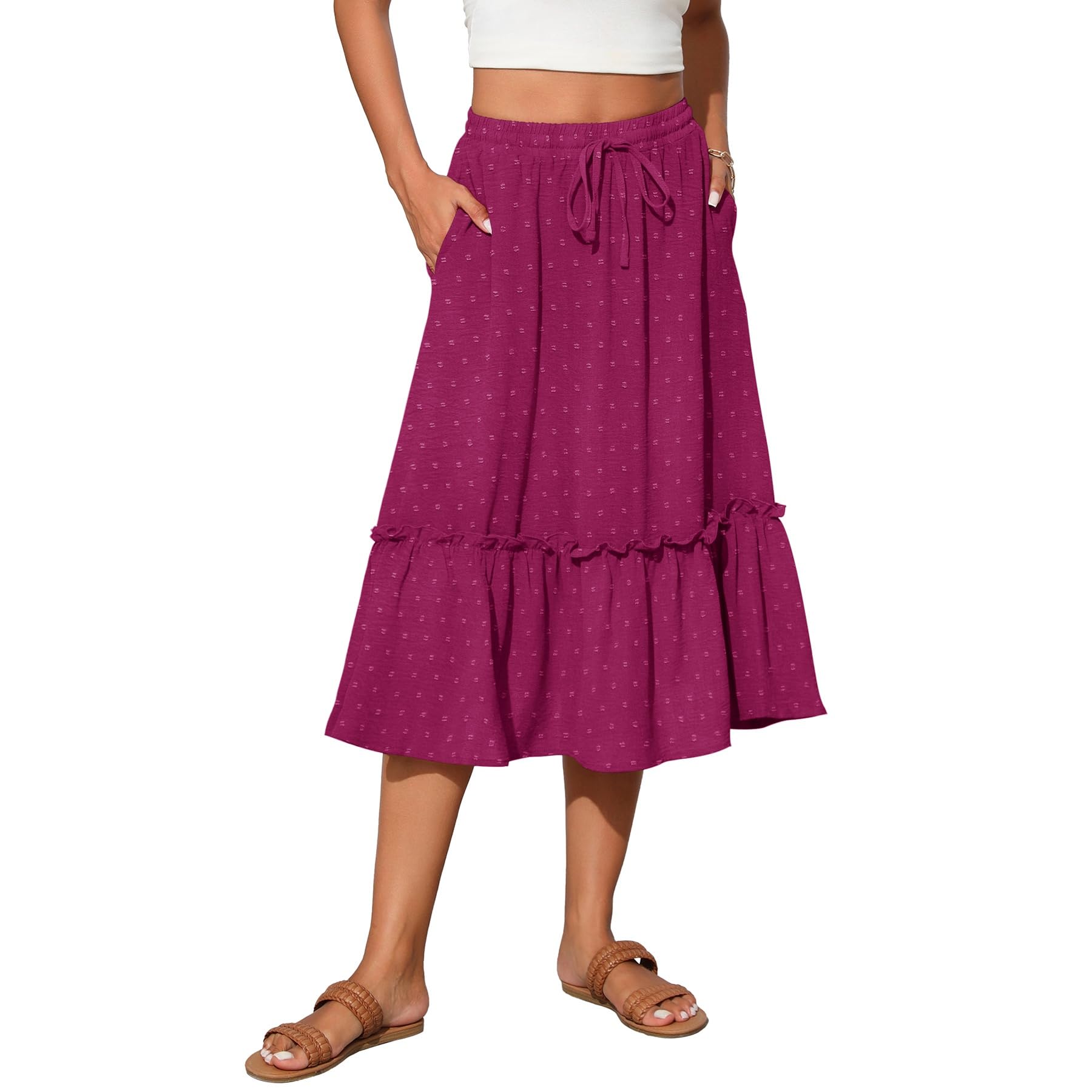 Witsmile Womens High Waist Tiered Midi Skirt Flowy Long Length with Pockets