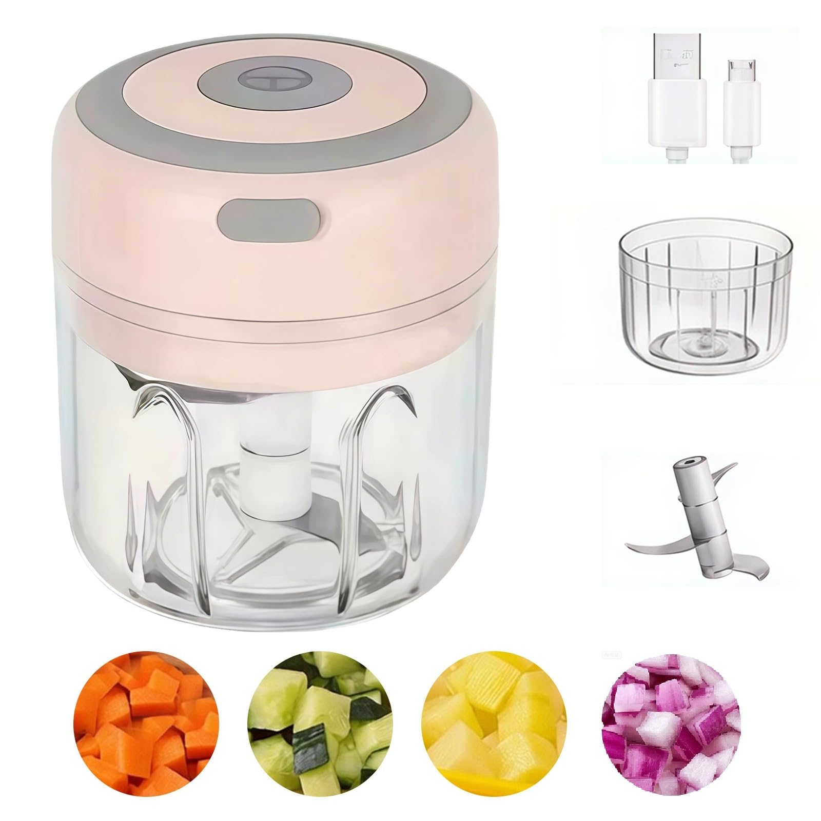 Electric Mini Food Chopper USB Rechargeable, Portable Cordless Garlic & Vegetable Chopper 250ML, Small Food Processor with 3 Stainless Steel Blades for Onion, Nuts, Baby Food & Meal Prep (Pink)