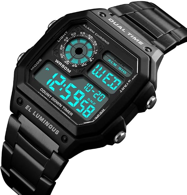 Watches for Men Fashion Trend Gold Multi-Function Waterproof Watch LED Digital Chronograph Stainless Steel Square Watches