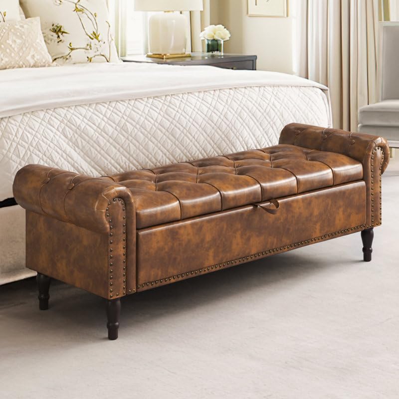 Image of 3-Seater Upholstered Ottoman Bench with Storage | Caramel |62.4 x 20.1 x 20.7 Inch| Elegant Multi-Purpose with 6-Inch Wooden Legs for Living Room, Bedroom, Entryway