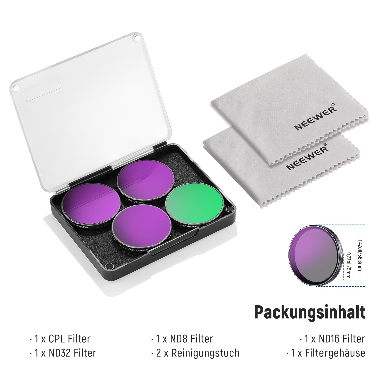 NEEWER ND Filter Set kompatibel mit DJI Osmo Action 5 Pro/4/3, 4er Pack mehrfach beschichtetes optisches HD Glas Snap On ND8/ND16/ND32/CPL Graufilter Polfilter, Actioncam Zubehör mit 2x Reinigungstuch