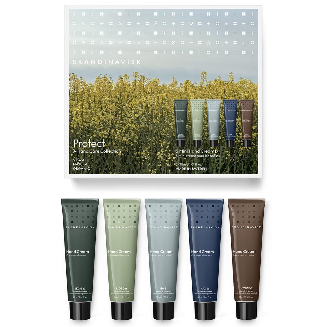 SKANDINAVISK PROTECT Geschenkset mit 5 Mini-Handcremes. FJORD, ØY „Island“, SKOG „Forest“, HAV „Sea“ und HYGGE „Cosiness“. Vegane Formel, 5 × 30 ml.