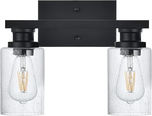 VINLUZ Lámpara de tocador de baño de 2 luces, apliques de pared negro mate con pantalla de vidrio semillero, lámpara de montaje en pared sobre