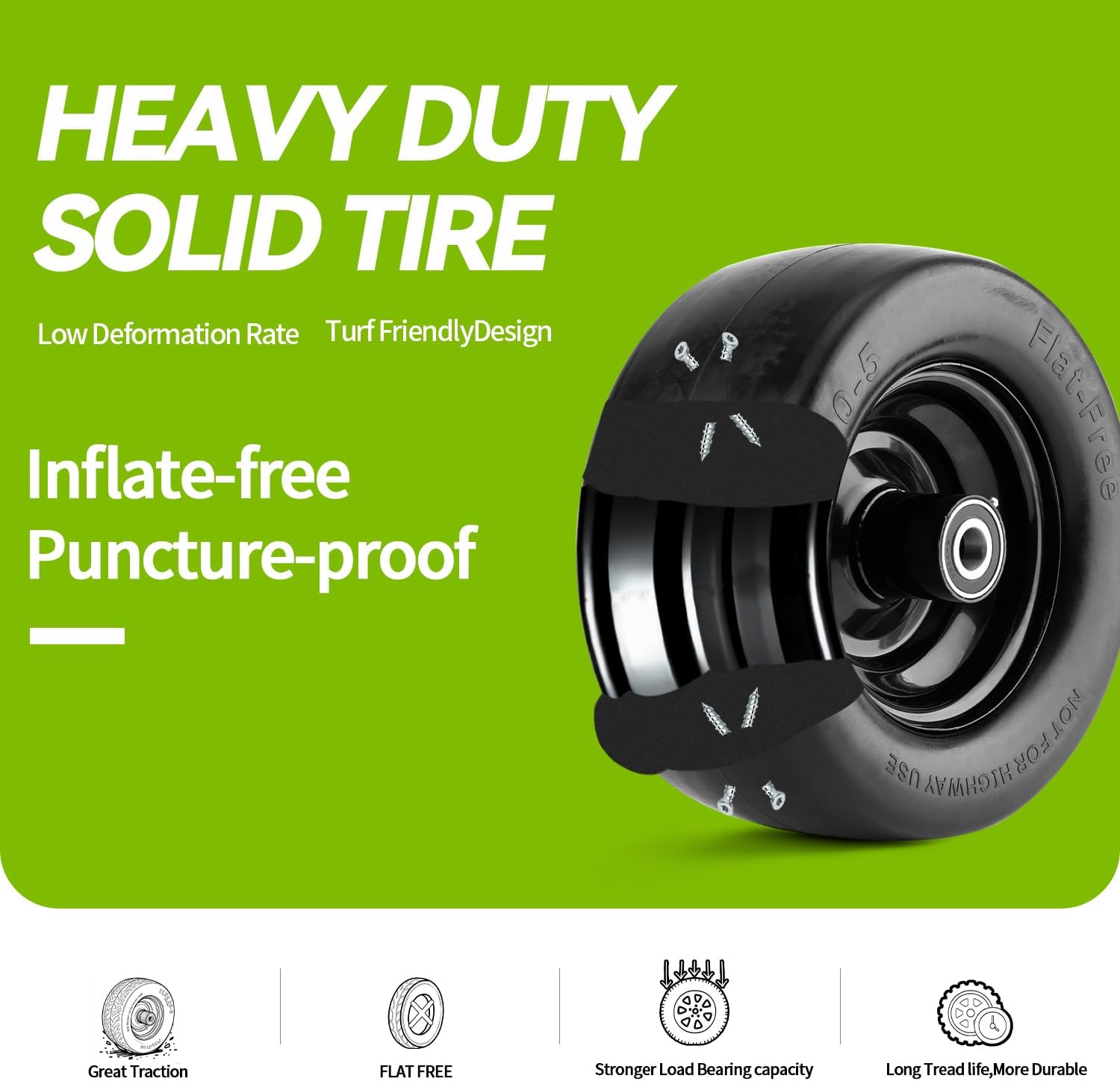 11x6.00-5 Flat Free Tire,with 3/4" or 5/8" and 1/2" Bearings, 6"- 8" Centered Hub, 11x6-5 Tires for Zero Turn Mower, Load 400lbs,Upgraded Large Bearing,More Durable
