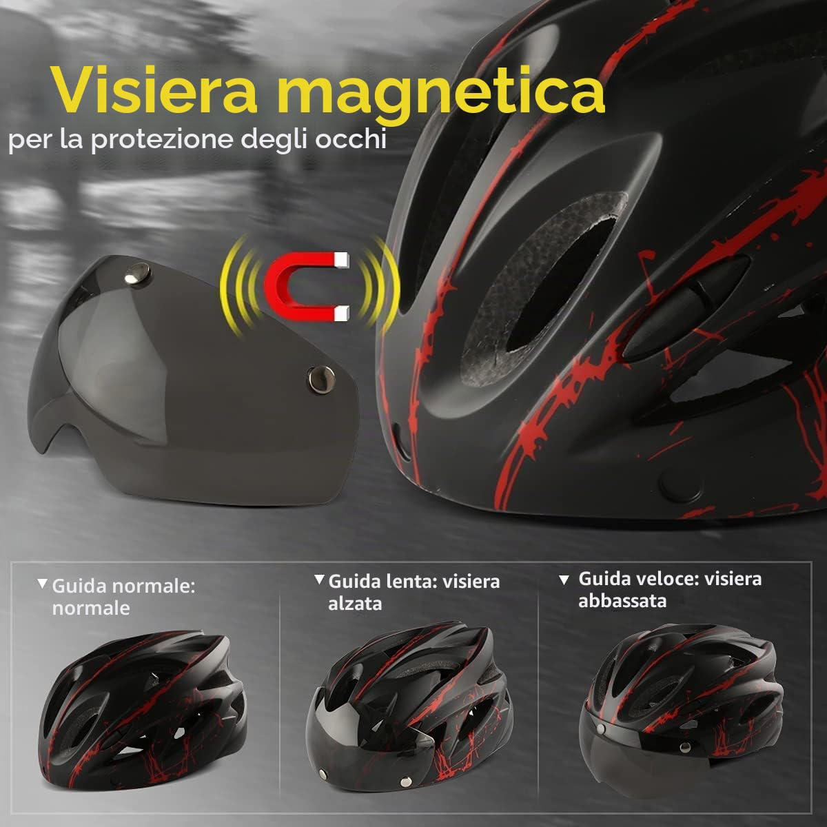 Casco da bicicletta con luce a LED e visiera, leggero, con occhiali magnetici, unisex, misura regolabile, per mountain bike