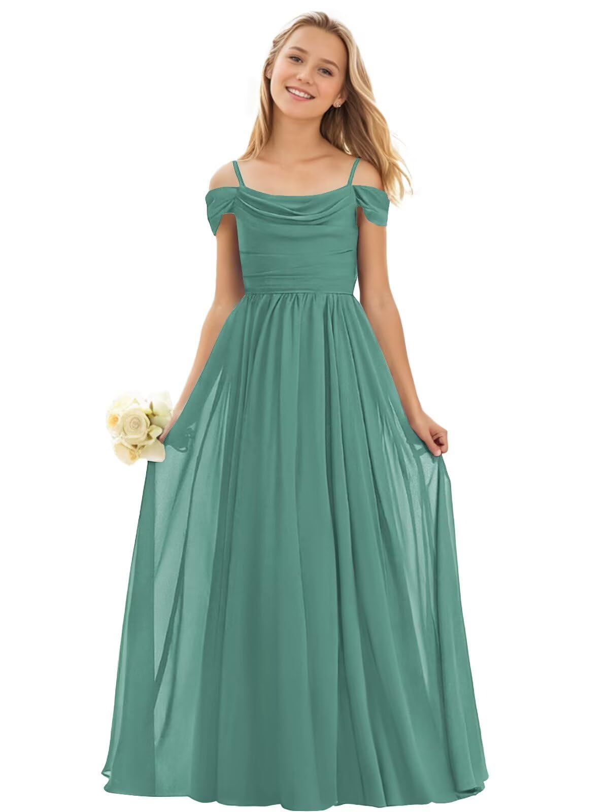 POMUYOO Cold Shoulder Floor Length Chiffon Junior Bridesmaid Dress for Wedding Teen Girls Party Pageant Gowns GMYG339
