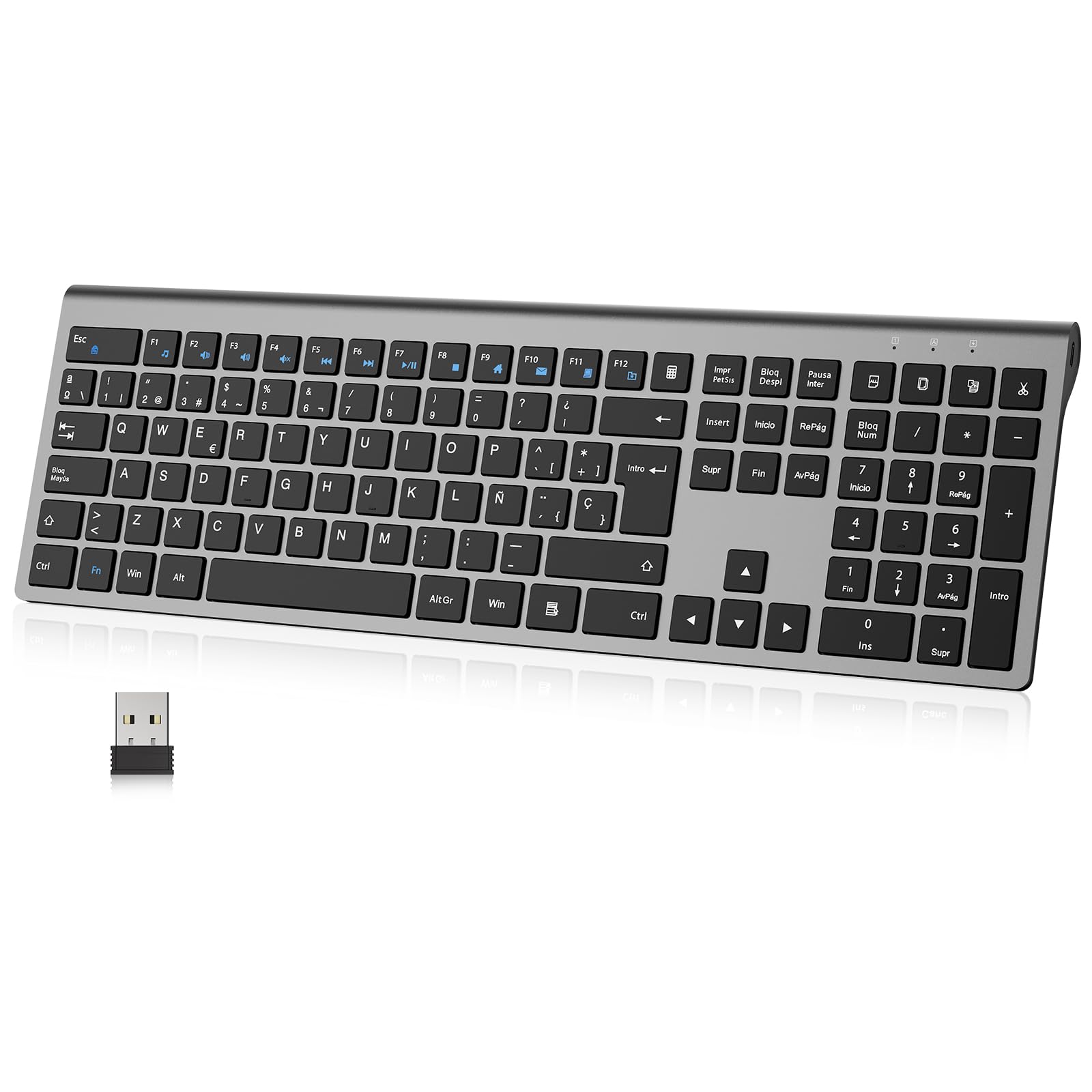 cimetech Teclado Inalámbrico Recargable, QWERTY Español Layout, 2.4G EasyTyping Teclado de diseño ergonómico, Ultrafino para Ordenador/PC/portátil/Windows 10/8/7(Gris)