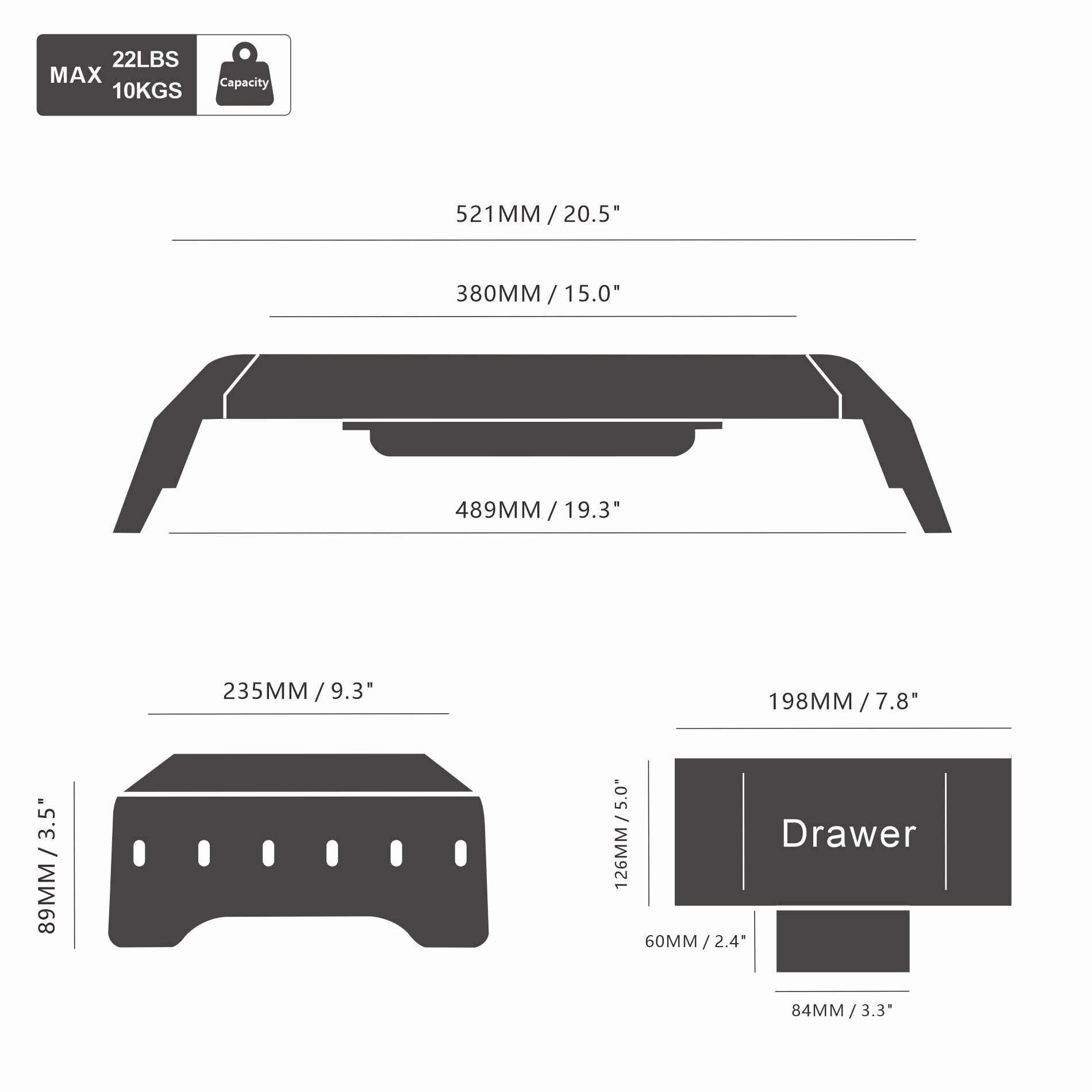 Fenge Soporte Monitor Elevador Monitor de Madera con Cajón y Soporte de Teléfono,Cajas de Almacenamiento Móviles L52xW23,5xH8,9cm Negro G04A1522B