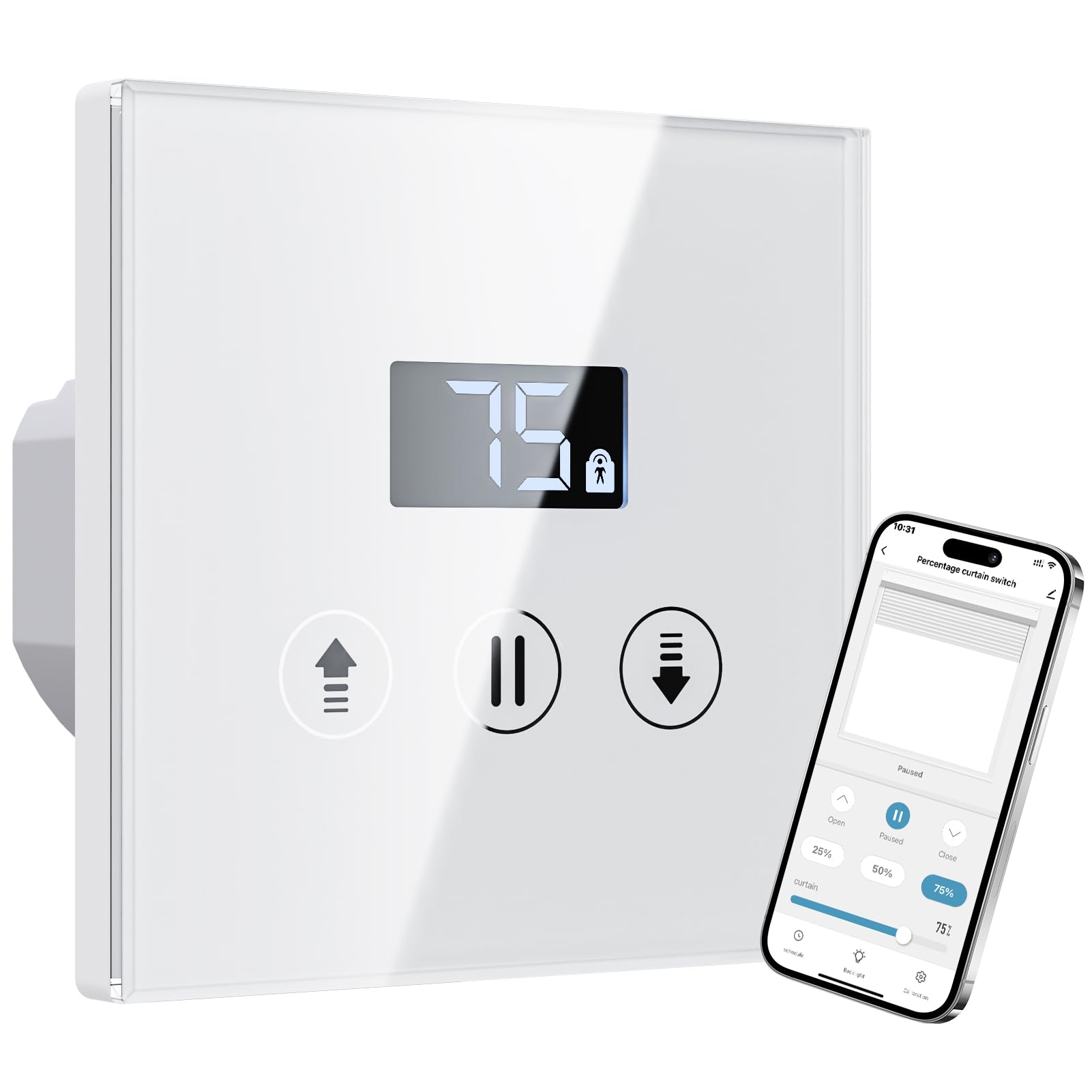 Interruptores Persiana Wifi Porcentual con Pantalla LCD, Interruptor Persiana Inteligente Compatible con Alexa y Google Assistant 80x80mm, Se Requiere Cable Neutro