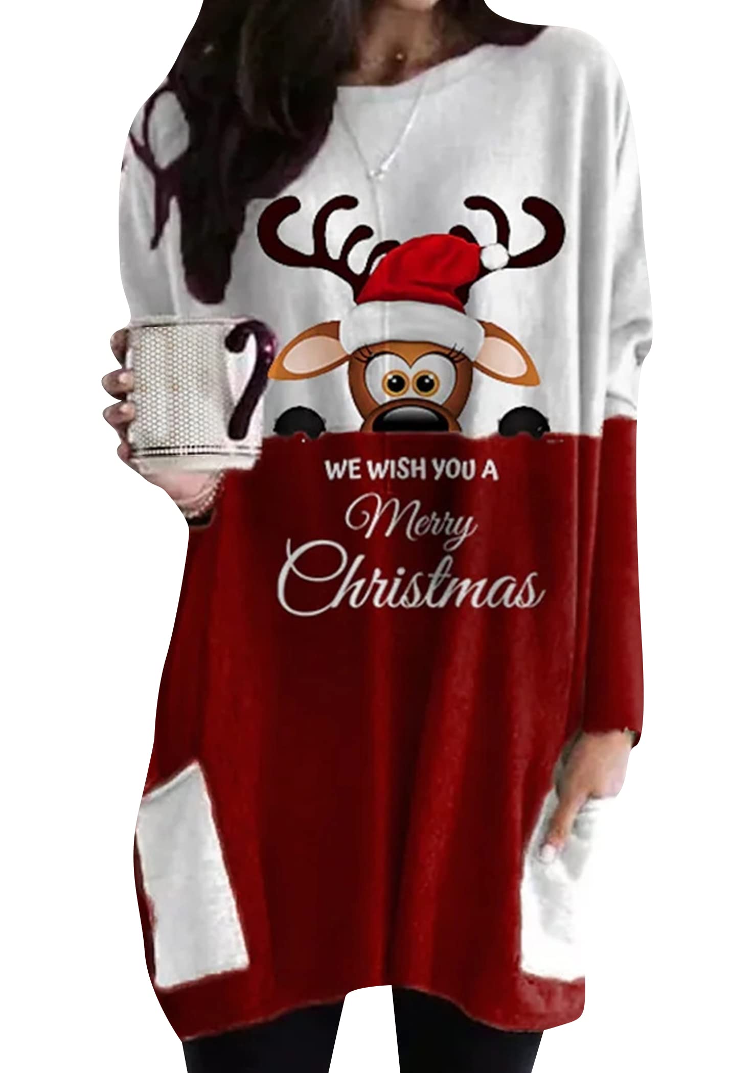 OMZIN Women Christmas Sweatshirt O-Neck Pullover Tops Funny Graphic Long Sleeve T-Shirts Xmas Holiday Sweatshirt Blouse with Pockets
