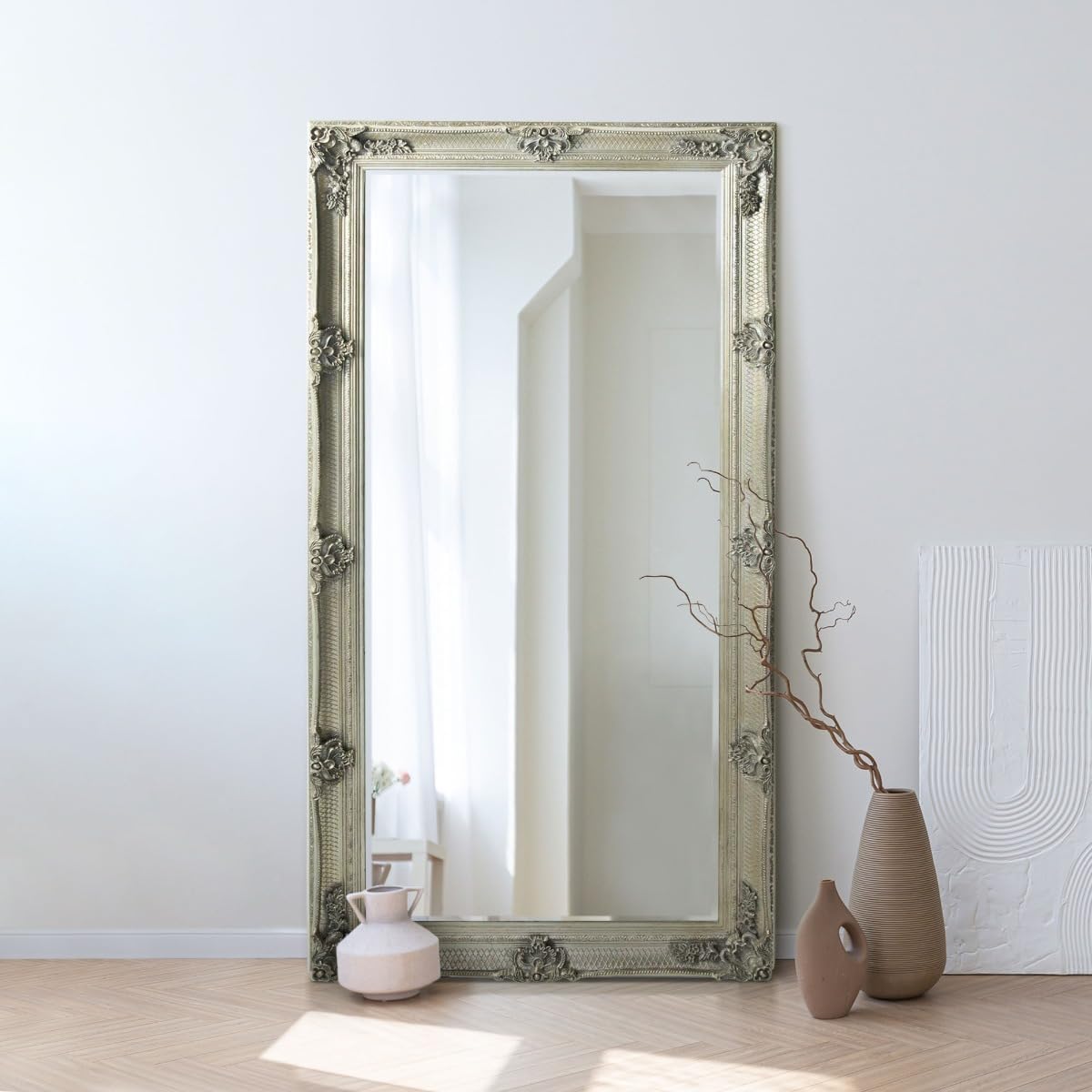 Extra Large Mirror Wall Silver Antique Wood Full Length 5Ft5 X 2Ft7 168cm X 78cm