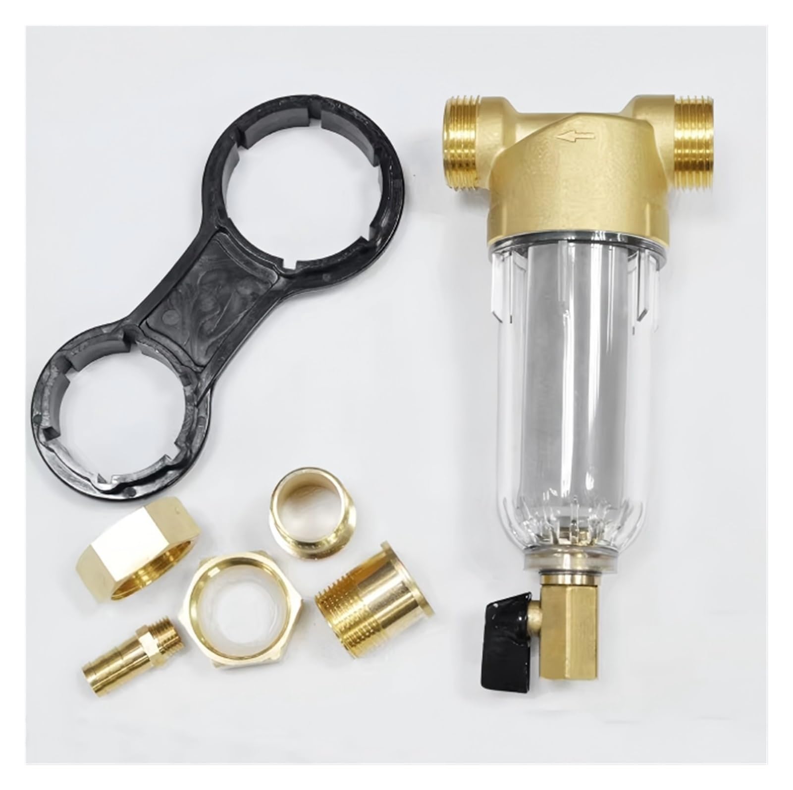 Filtro acqua pre-sedimenti Spindown riutilizzabile for tutta la casa 4000 l/h, 60 micron, prefiltro, 3/4" FNPT+1" MNPT, Ottone nel sapore dell'acqua. Installazione semplice