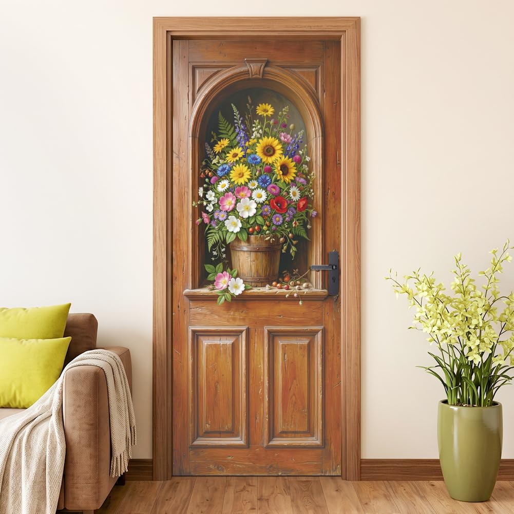 arricraft 2 Pcs Self-Adhesive Door Sticker, Floral Wood Door