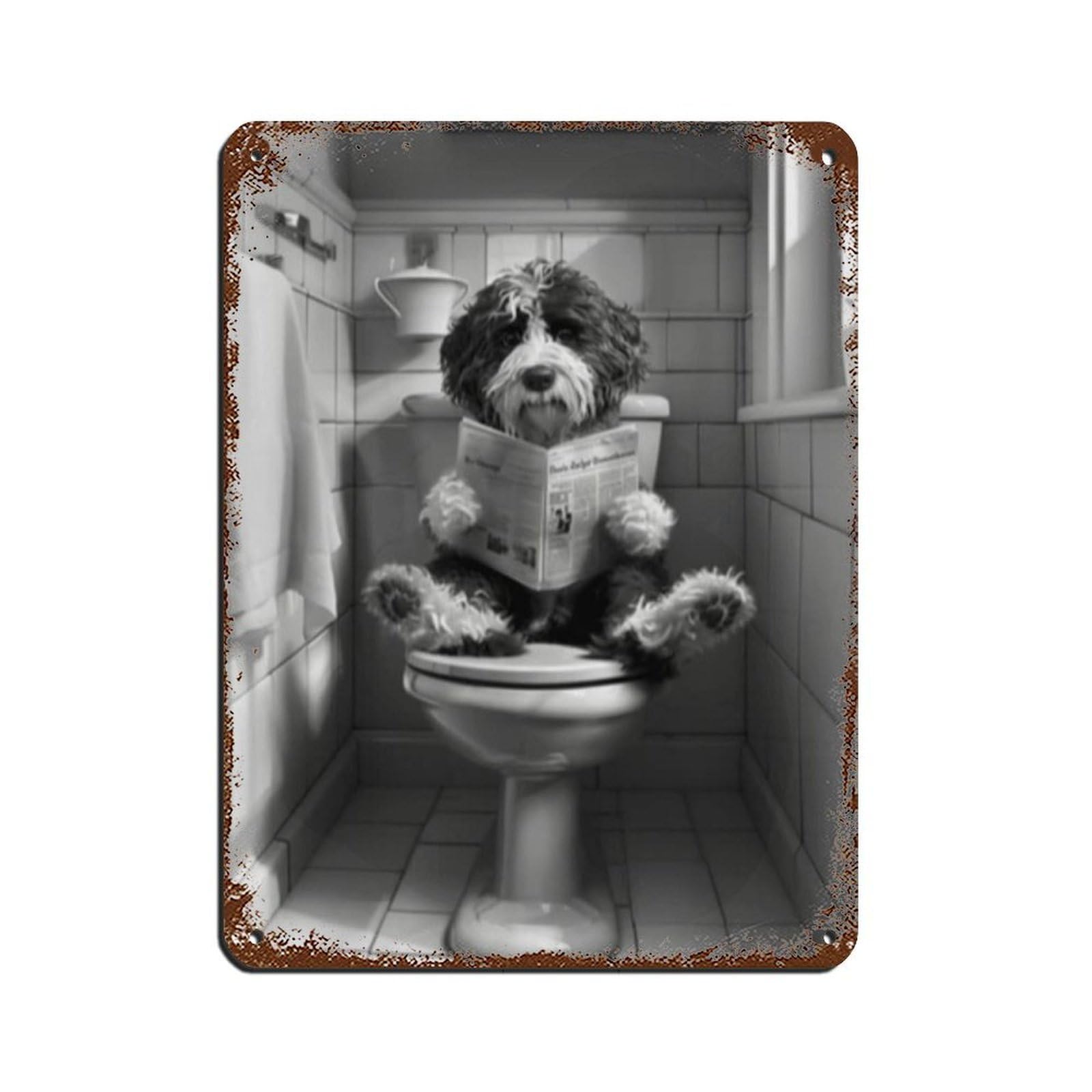 Bernedoodle on Toilet, Bathroom Decor Tin Sign Vintage Metal Pub Club Cafe Bar Home Wall Art Decoration Poster Retro 12x16inch(30x40cm)