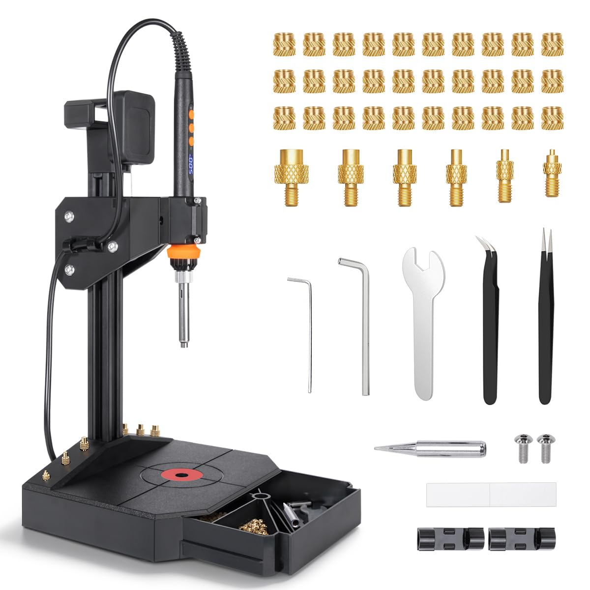 Vertical Heat Set Insert Tool Pressing Machine with 90W Soldering Iron, Heat Set Tips M2-M8, 30PCS Brass Nuts Threaded Inserts for 3D Printed Part-picture-36
