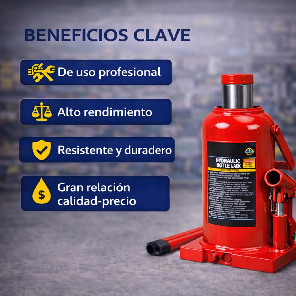 Gato Botella Hidráulico Profesional – Elevador Hidráulico de Alta Capacidad, Sistema Estanco Antipérdidas, Tornillo Regulable y Válvula de Seguridad (10 Toneladas)