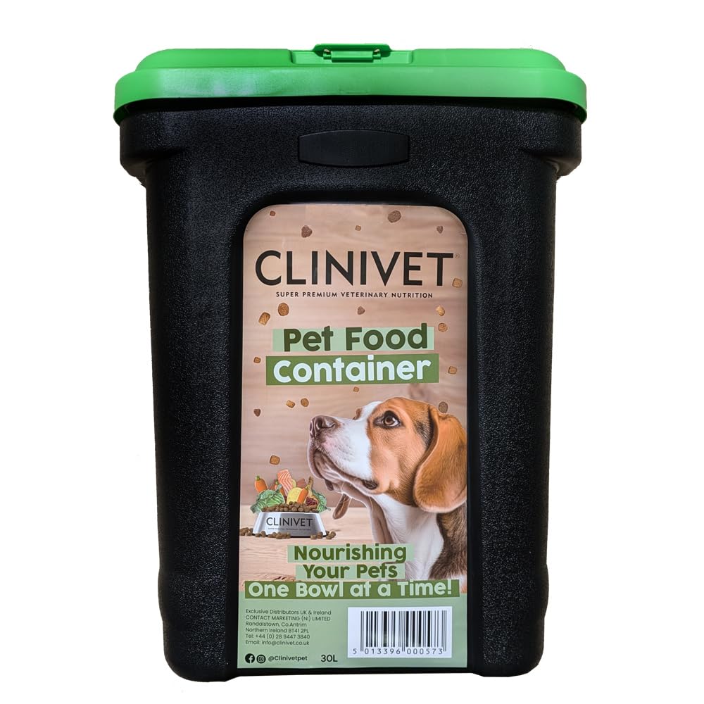 Clinivet 30L/15kg Airtight Pet Food Storage Container with Scoop and Flip-Top Lock – Perfect for Dog and Cat Food, Treats, and Supplies – Durable Plastic Bin for Long-Lasting Freshness