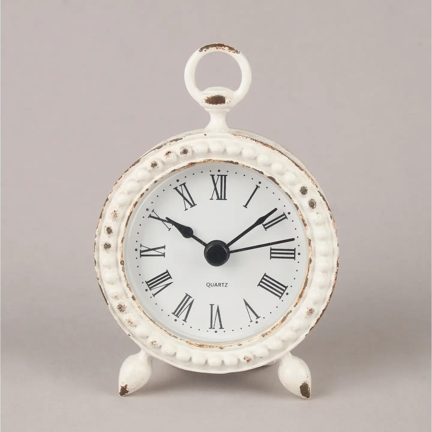Fyne-Finds White Metal Mantel Clock Numeral Rustic Shabby Chic Distressed Beaded Ring Handle Table Top Home Office Time Piece