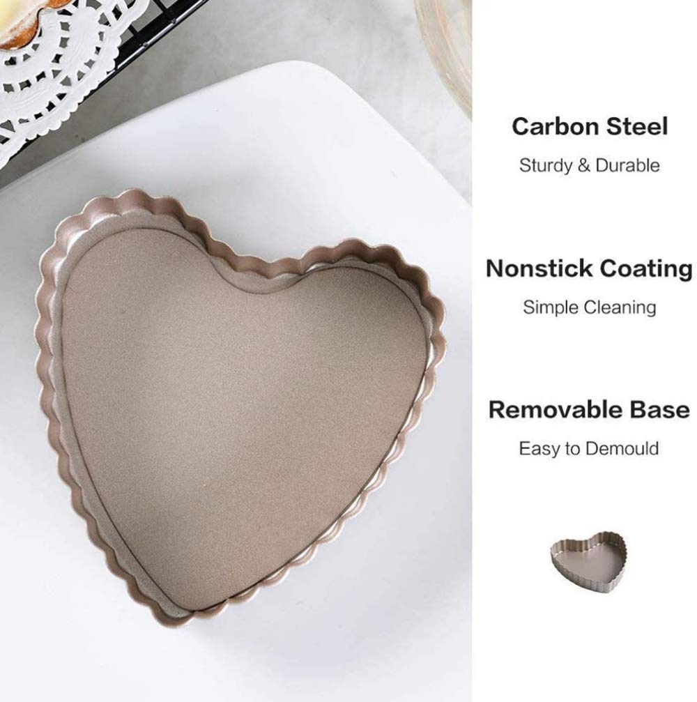 Juego de 4 moldes para Tarta de Quiche de 4 Pulgadas, Molde Desmontable para flan Estriado/Tarta con Fondo Desmontable, en Forma de corazón, Revestimiento Antiadherente, 4 Piezas