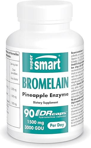 Supersmart - Suplemento de bromelina 1500 mg3000 GDU por día (enzimas proteolíticas) - Extracto de piña - Soporte digestivo Sin OMG y sin gluten -