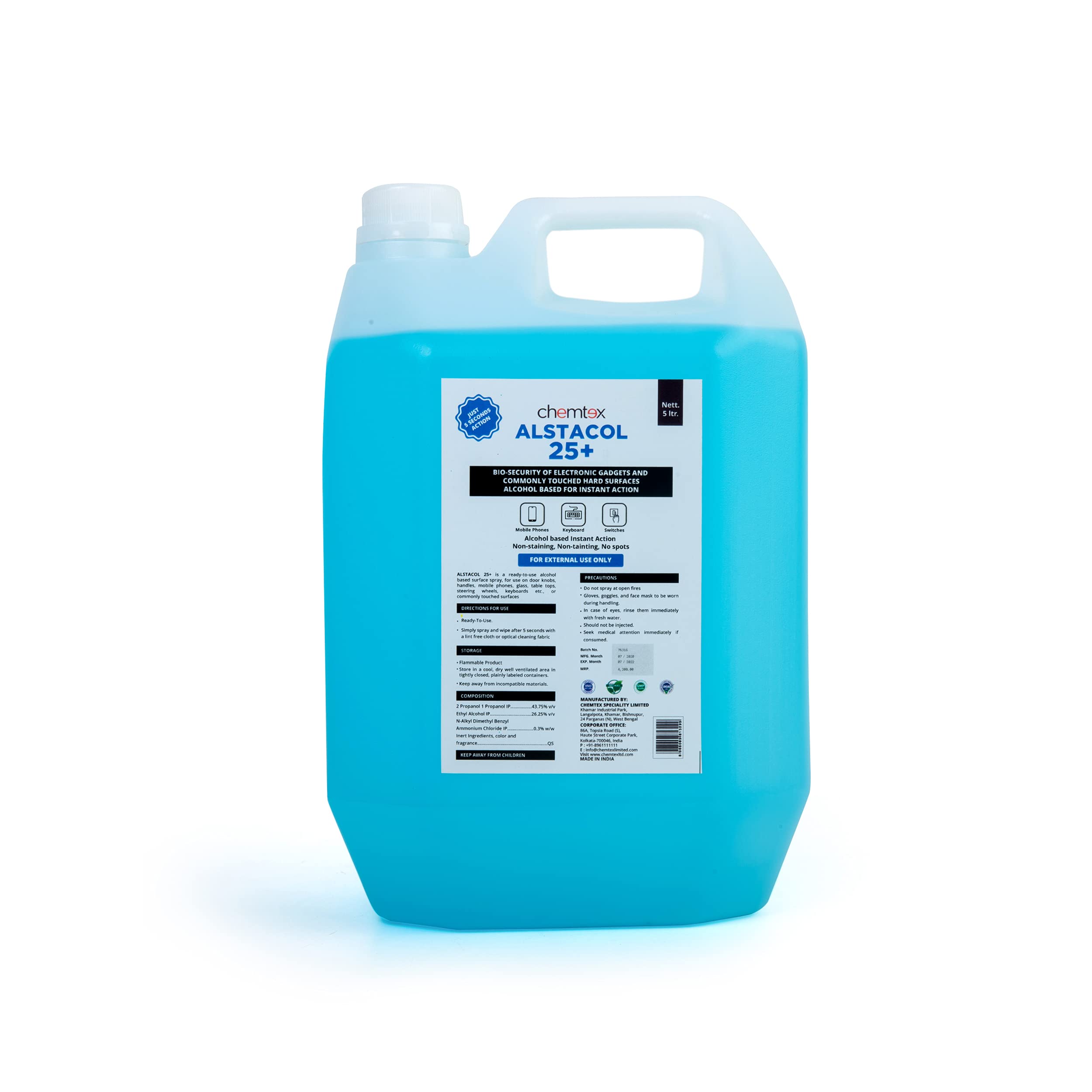 Chemtex ALSTACOL 25+ (Instant Spray Disinfectant for commonly touched surfaces) 5L | CDC Approved & WHO Recommended (B089S6FNDQ) Amazon Price History, Amazon Price Tracker
