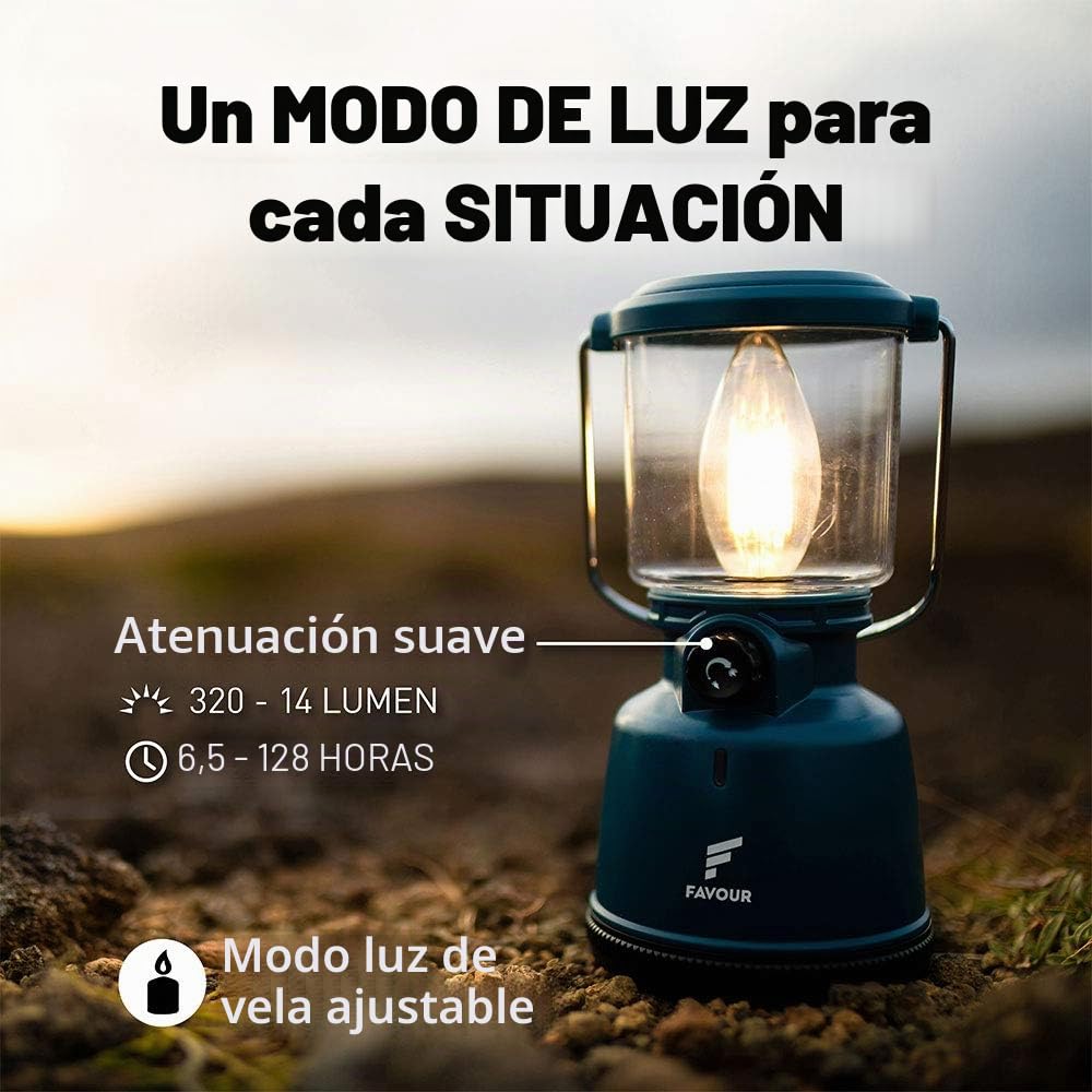 Lampara Camping Retro Filamento LED | Linterna Camping recargable | Farol LED Impermeable y Robusta IP64, Iluminación regulable, Modo Luz de Vela | Iluminación Carpa 360 Grados, gancho integrado