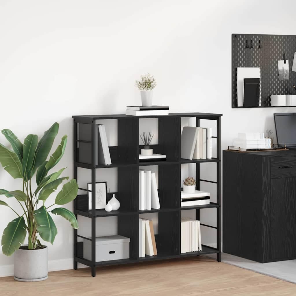 Libreria nera effetto rovere, 102 x 32 x 104,5 cm, con 9 ripiani, robusto telaio in acciaio, versatile per soggiorno, studio, corridoio o biblioteca, design durevole