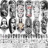 68 Sheets God Jesus Christ Temporary Tattoos For Men Women, Bulk Temp Religious Christian Peace Faith Nun Prayer Ship Half Arm Sleeve Tattoos For Adults, Tribal Eye Lion Holy Bible Quotes Fake Tattoo