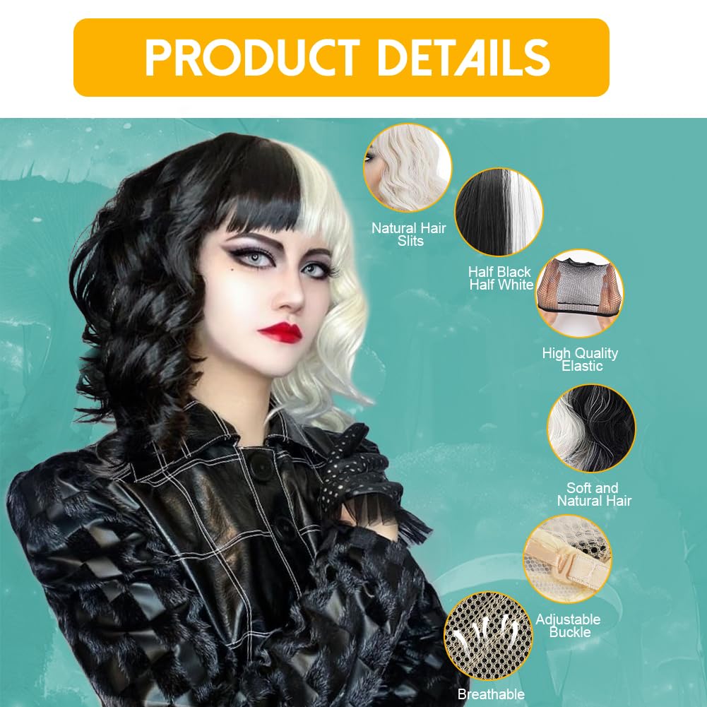 Aomig Short Black and White Wig, Medium Long Curly Wavy Wig, Half Black Half White, Cosplay Party Costume with Hairnet - Image 2