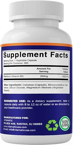Miniatura 9 de Vitamatic Vitamina B2 (riboflavina) 250 mg 200 cápsulas - Apoya la energía celular y la producción de glóbulos rojos
