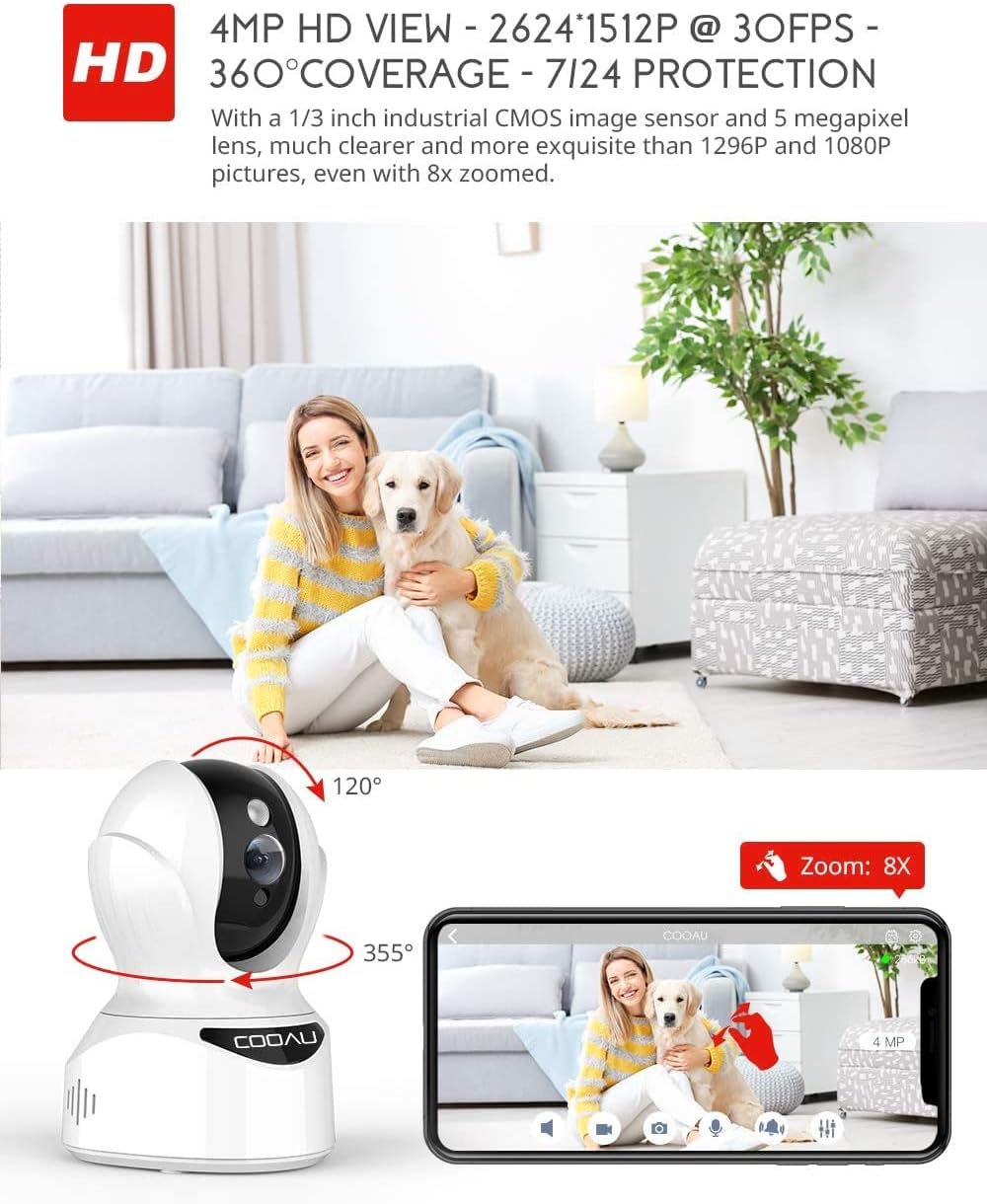 Flash Deals - 60% OFF Ultra HD 4MP Wireless Security Camera, COOAU WiFi Home Indoor IP Cameras for Pets/Dogs/Nanny/Baby, PTZ, Sound Detection, Motion Tracking and Alert, 2-Way Audio, Works with Alexa, Cloud/SD Storage