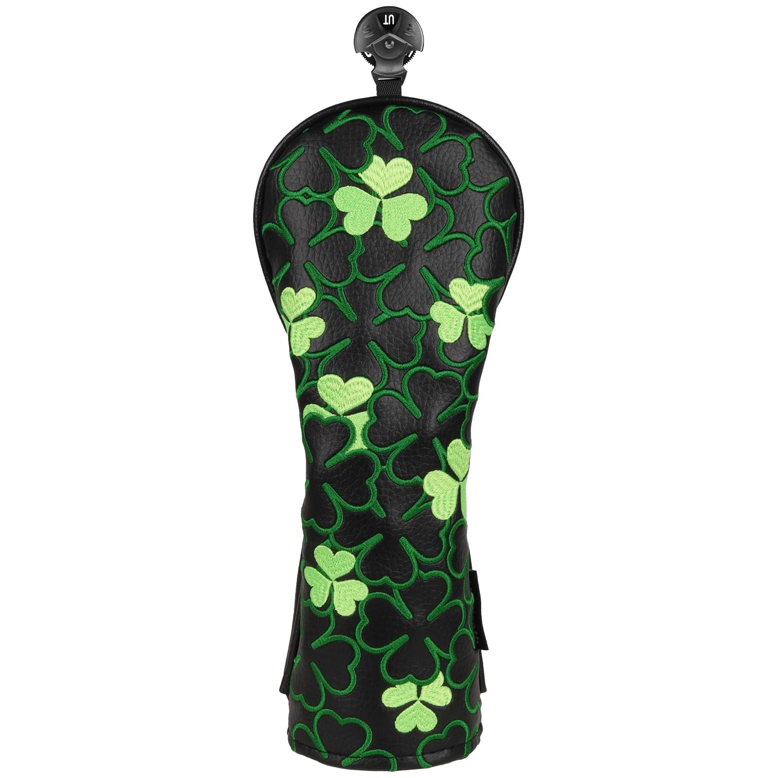 Golf Club Head covers Hybrid Utility Rescue with Interchangeable Number Tag 23456 UT Elastic Closure Black PU Leather Lucky Green Clover Embroidery