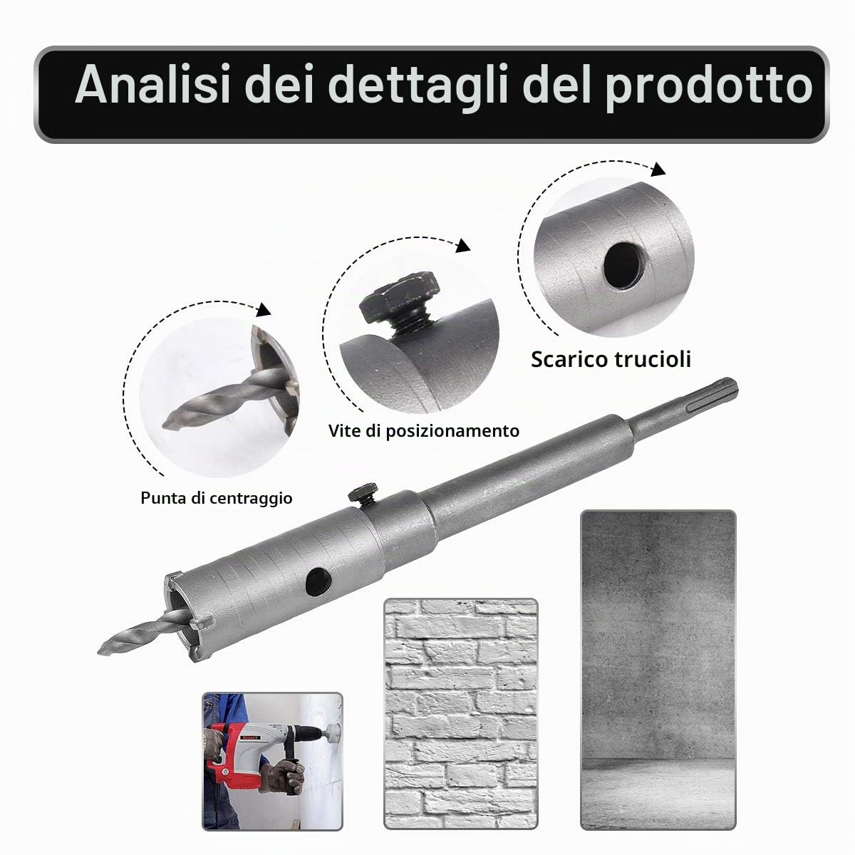 8 Pz Seghe a Tazza per Muro, Sega Fresa a Tazza Carotatrice Muro Cemento + 200mm Asta di Collegamento + Punta Centrale + Vite di Posizionamento - 30mm, 35mm, 40mm, 45mm, 50mm, 55mm, 60mm, 65mm