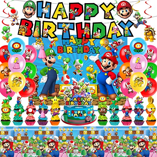 Mario Birthday Party Supplies, Party Decorations Set Include Banner, Backdrop, Balloons, Hanging...