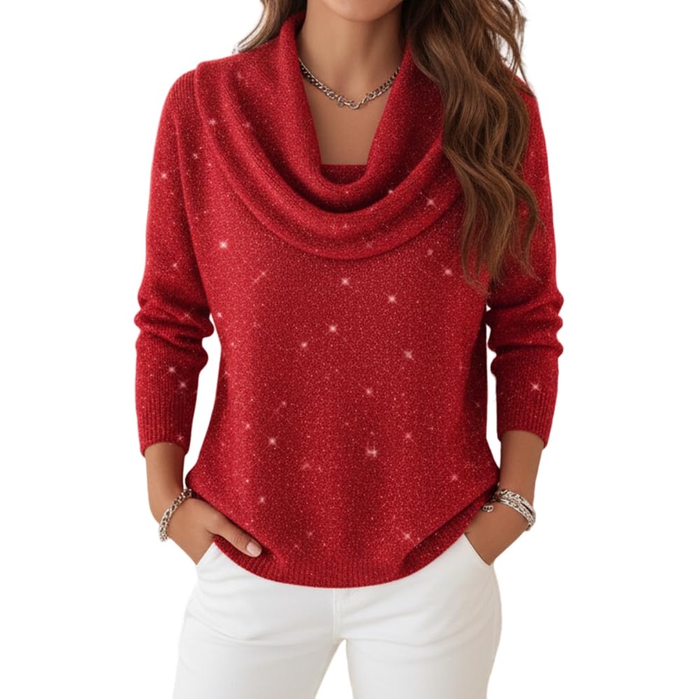 TIAFORD 2025 Christmas Glitter Cowl Neck Sweater for Women Trendy Festive Holiday Shimmer Knit Long Sleeve Pullover Tops