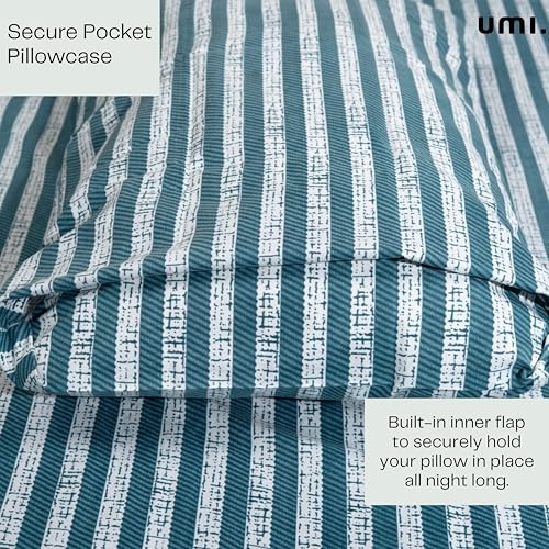 Image of Amazon Brand - Umi Cotton Fitted Bedsheet, Queen Size 78x60 Inches, Elastic Fit Bed Sheet, 10 Inch Deep Pocket, Soft Breathable Bedding, Durable Easy Care, with Pillow Cover-Aqua Stripe