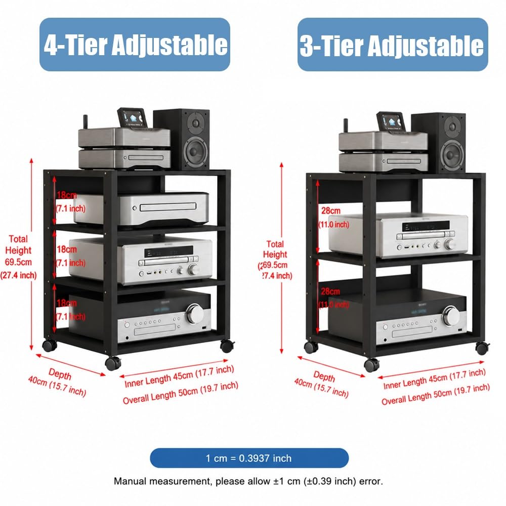 Soporte Multimedia AV Móvil Mueble Equipo HiFi Ajustables En Altura, Estante Medios Audio Video De 3 4 Capas, Gabinete De Almacenamiento HiFi(Black,3-Tier)