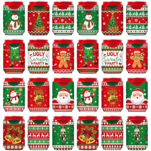 SiliFine 24 Pcs Christmas Can Cooler Sleeves Xmas Beer Bottle Cup Cover