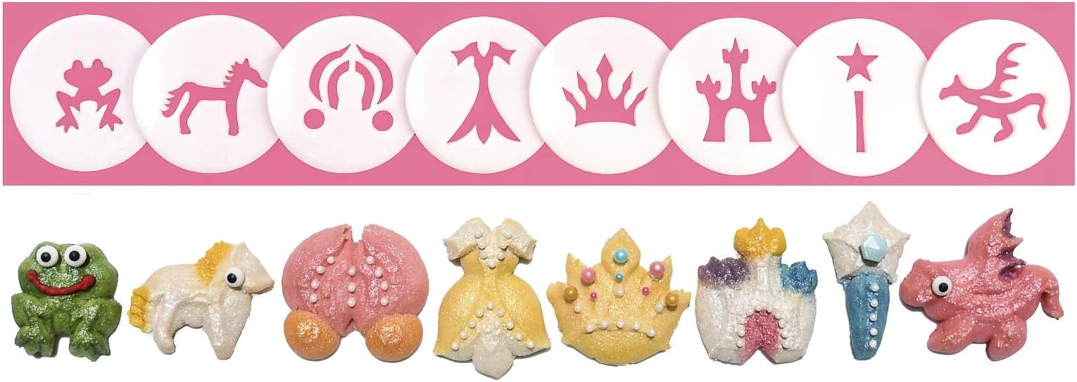 Impress Cookie Press Disks – Princess & Fairytales Set of 8, Food Safe Plastic Shapes w/Frog, Dragon, & More, Fits Many Manual Models - See Disk Sizing Image to ensure fit with your press