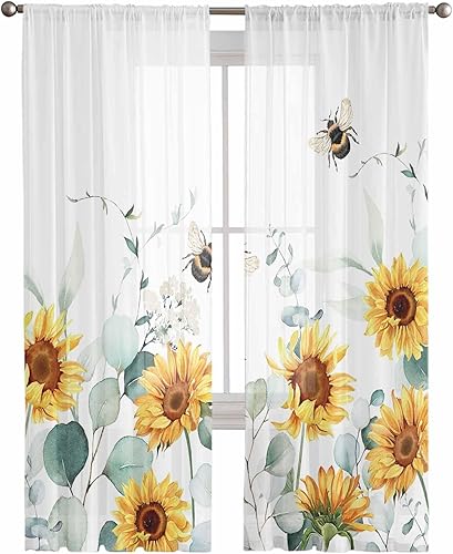 Miniatura 3 de Cortinas traslúcidas de eucalipto y girasol de 84 pulgadas de largo, juego de 2 paneles de cortinas semitransparentes con bolsillo para barra de