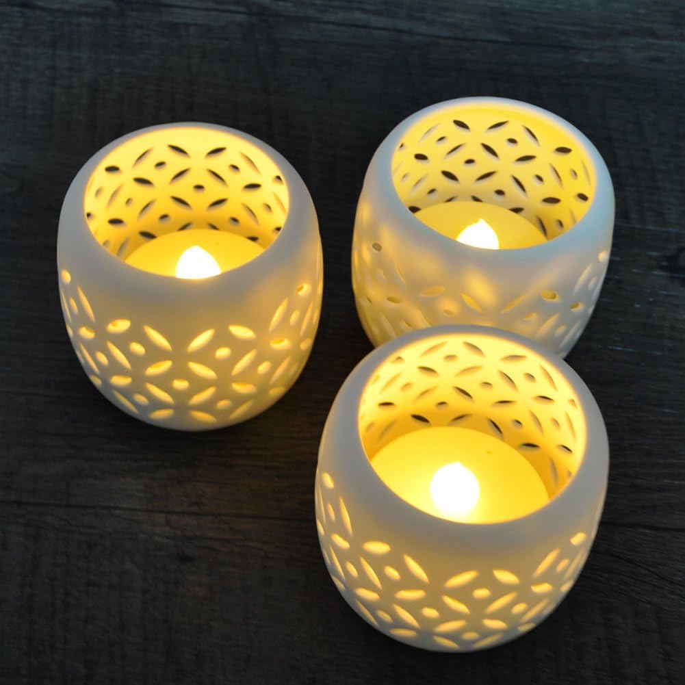 HOME MOST Set of 3 White Ceramic Candle Holder with LED Flameless Tea Lights (2.7" Tall, Petal Pattern, Timer) - Pottery Votive Candle Holders - Home Decor Votive Candles Flameless Flickering 1151R