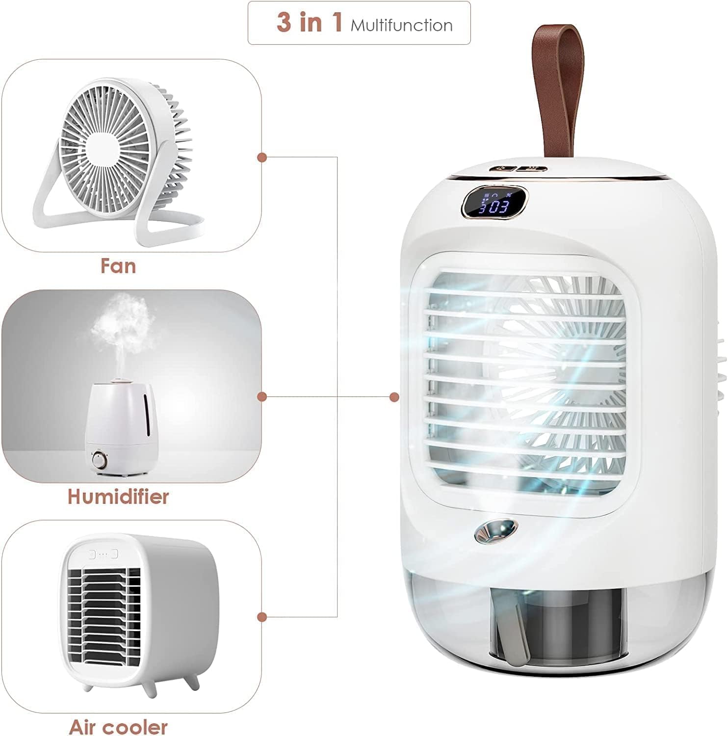 Aire acondicionado portátil giratorio, multifuncional USB Mini Air Cooler con 3 velocidades, luz nocturna, oscilante de 180°, portátil, enfriador de aire personal para habitaciones, oficinas