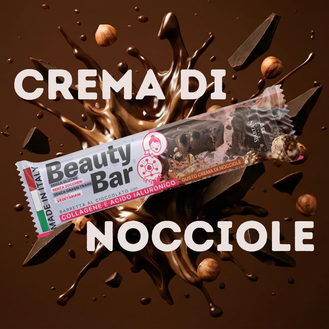 Beauty Bar Suplemento Belleza Spartan Health con colágeno péptidos hidrolizados, vitamina C, biotina | Apoyo de articulaciones, piel y cabello | Chocolate artesanal italiano (crema de avellanas)