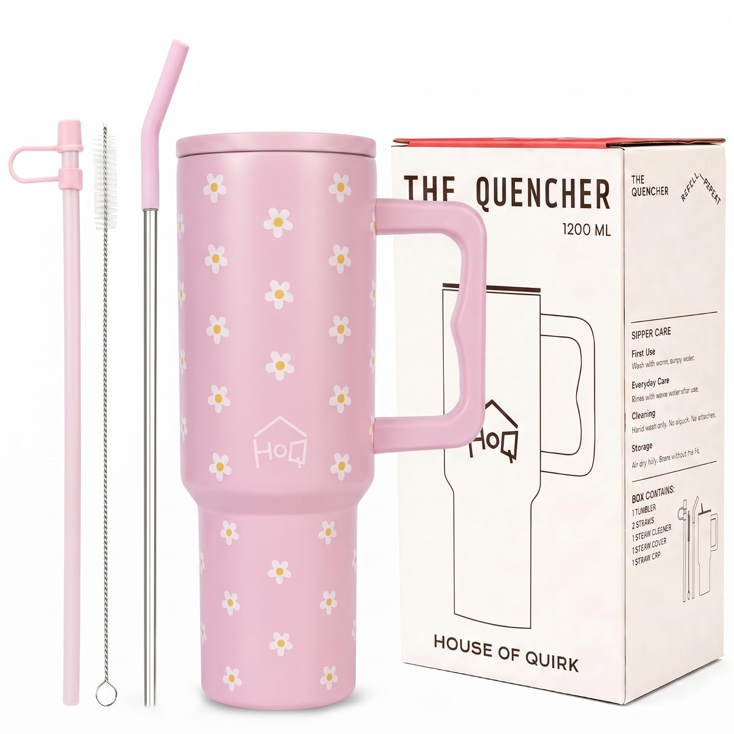 House of Quirk 1200ML Stainless Steel Tumbler with Handle & Lid, 2 Straws – Large Travel Mug Water Cup for Gym, Office & Outdoor Use (Pink Daisy)