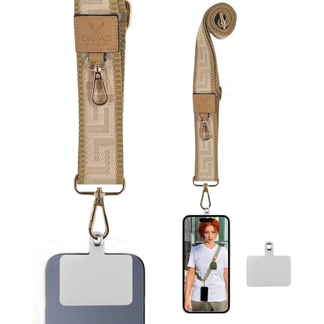 ORNA'S LEATHER ART UNISEX CREAM PHONE STRAP: Adjustable Cotton & Leather Crossbody Lanyard, 63 by 1.5 Inch, 2 Buckle Adapters, 2 Carabiner Hangers, 1 Cellphone Attachment Pad