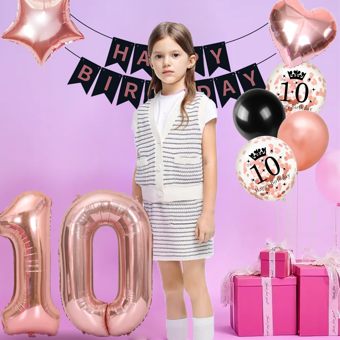 Cadimus Geburtstagsdeko 10 Jahre Mädchen - Schwarz Roségold Ballon Set Für 10. Geburtstag